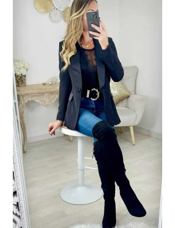 My Look Féminin Blazer noir classique col satiné Discount