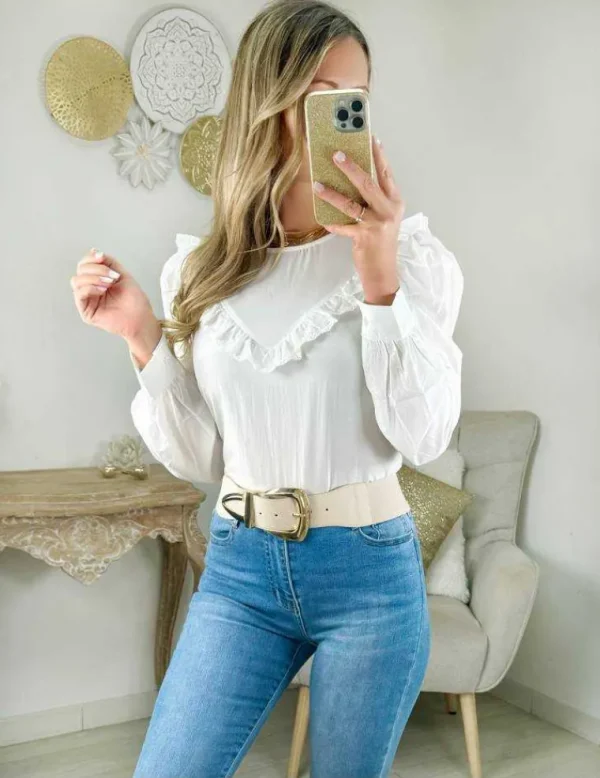 My Look Féminin blouse fluide blanche buste volant brodé Fashion
