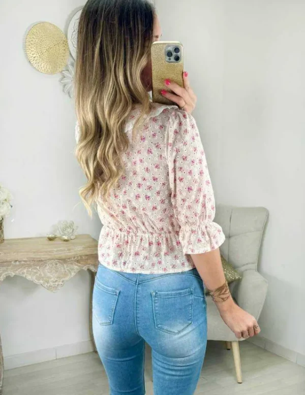My Look Féminin blouse rose pale et fleurie col claudine New