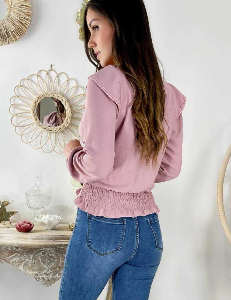 blouse_rose_ple_smocke_qu_1.webp My Look Féminin Blouse rose pâle smockée "volants et broderies" New