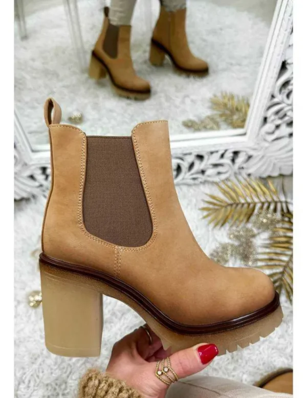 My Look Féminin bottines style daim caramel talons crantés Online
