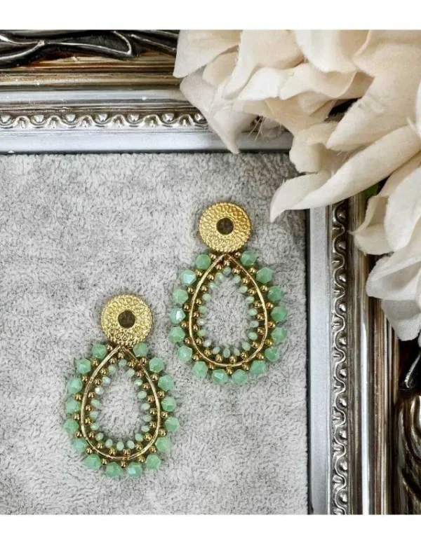 My Look Féminin boucles d'oreilles dorées perles vert d'eau Discount