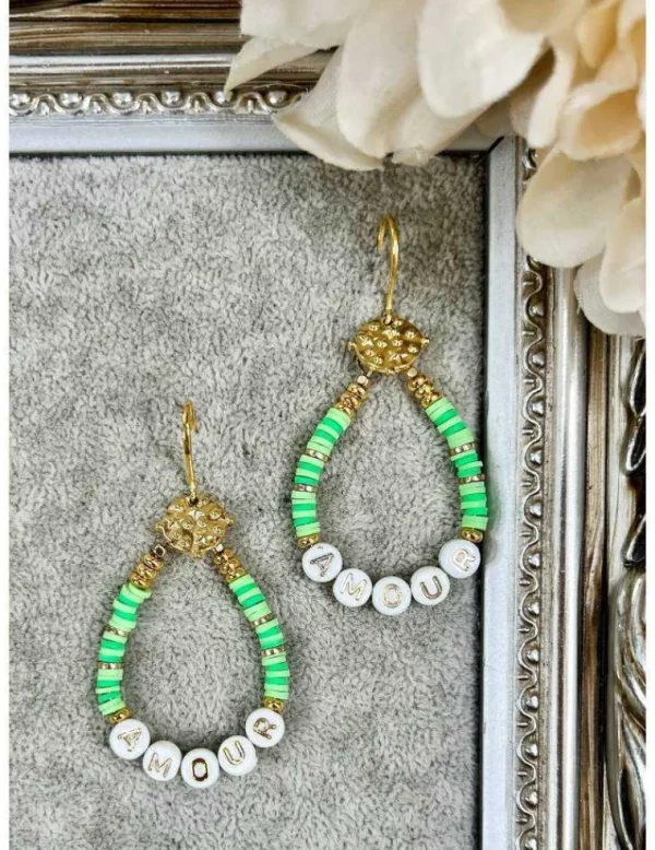 My Look Féminin Boucles d'oreilles green & Gold "LOVE" Fashion