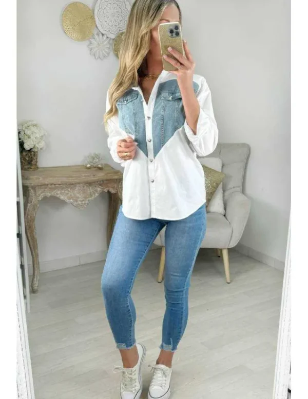 My Look Féminin chemisier bi-matière blanc & jeans New