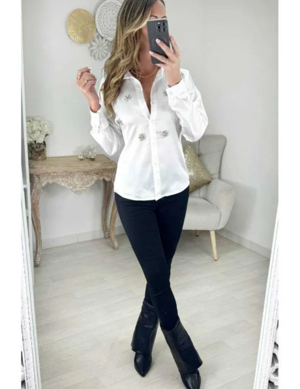 My Look Féminin Chemisier blanc satiné et strass Clearance