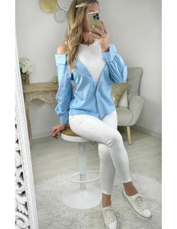 My Look Féminin chemisier bleu ciel effet deux pièces Clearance