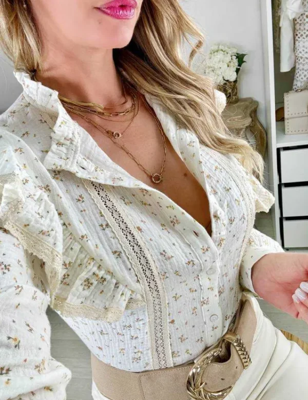 My Look Féminin chemisier en gaze de coton beige & fleuri Discount