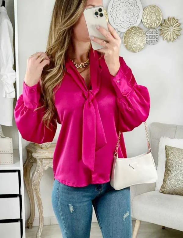 My Look Féminin Chemisier fuchsia satiné "joli col lavallière" Discount