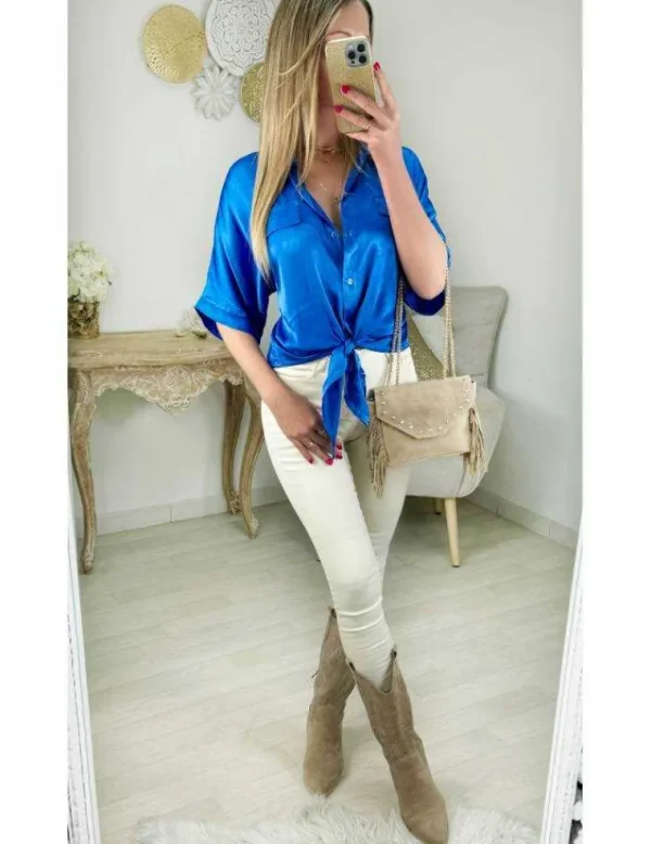 My Look Féminin chemisier satiné & noué bleu roi New