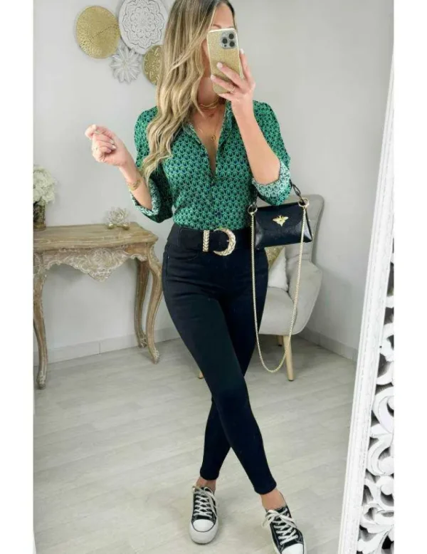 My Look Féminin chemisier satiné motifs verts Discount
