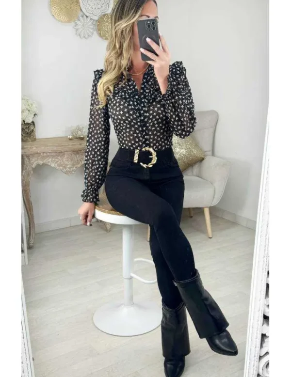 My Look Féminin Chemisier voilage noir motifs beige Best