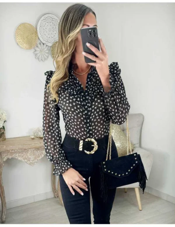 My Look Féminin Chemisier voilage noir motifs beige Best