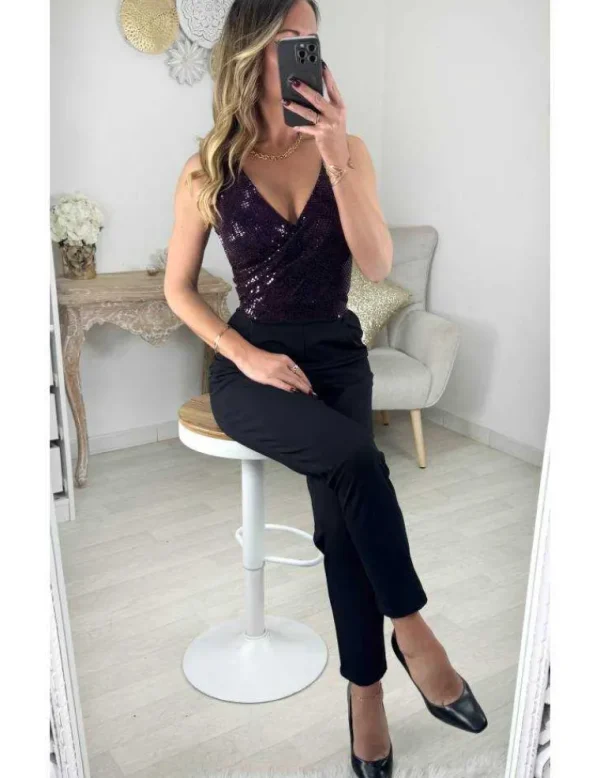 My Look Féminin Combi pantalon noir buste sequins purple Sale