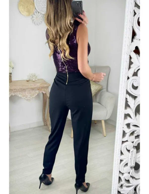 My Look Féminin Combi pantalon noir buste sequins purple Sale