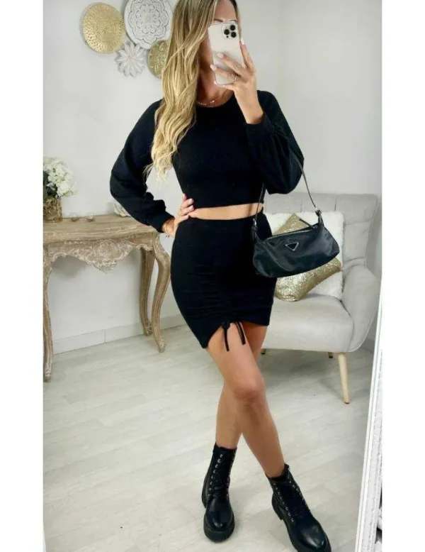 My Look Féminin ensemble crop pull et jupe froncée noir Online