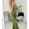 My Look Féminin ensemble plissé kaki top strass & pantalon Online