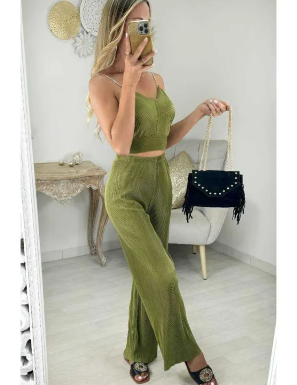 My Look Féminin ensemble plissé kaki top strass & pantalon Online
