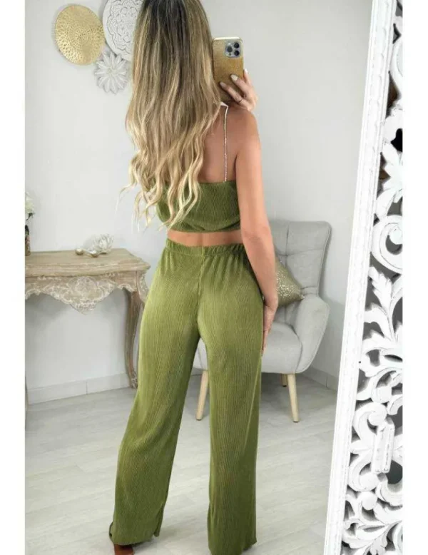 My Look Féminin ensemble plissé kaki top strass & pantalon Online
