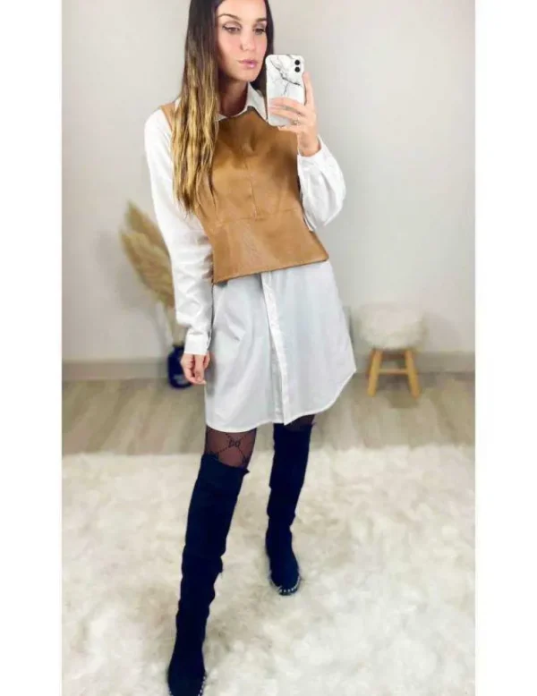 My Look Féminin Ensemble pull style cuir caramel sans manches et son chemiser /robe Fashion