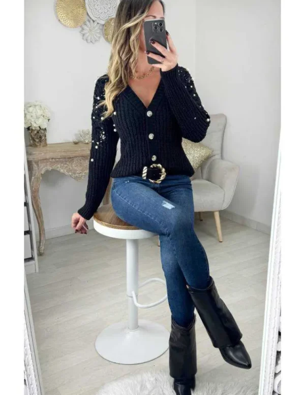 My Look Féminin Gilet en maille épaisse noir "perles & sequins" Outlet