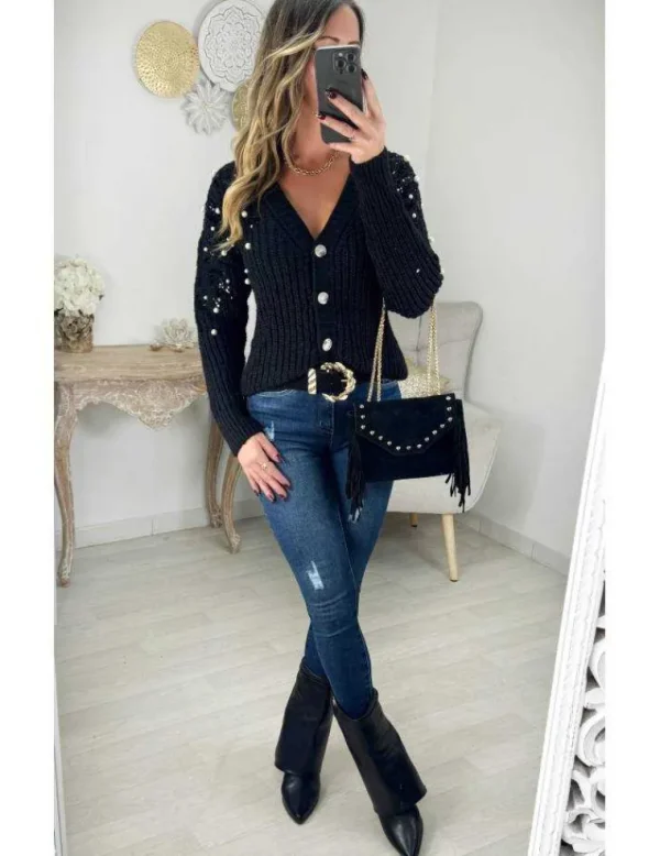 My Look Féminin Gilet en maille épaisse noir "perles & sequins" Outlet