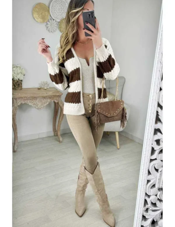 My Look Féminin Gilet en maille rayé beige & choco Discount