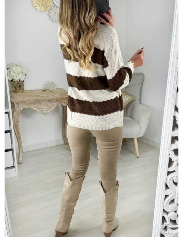 My Look Féminin Gilet en maille rayé beige & choco Discount