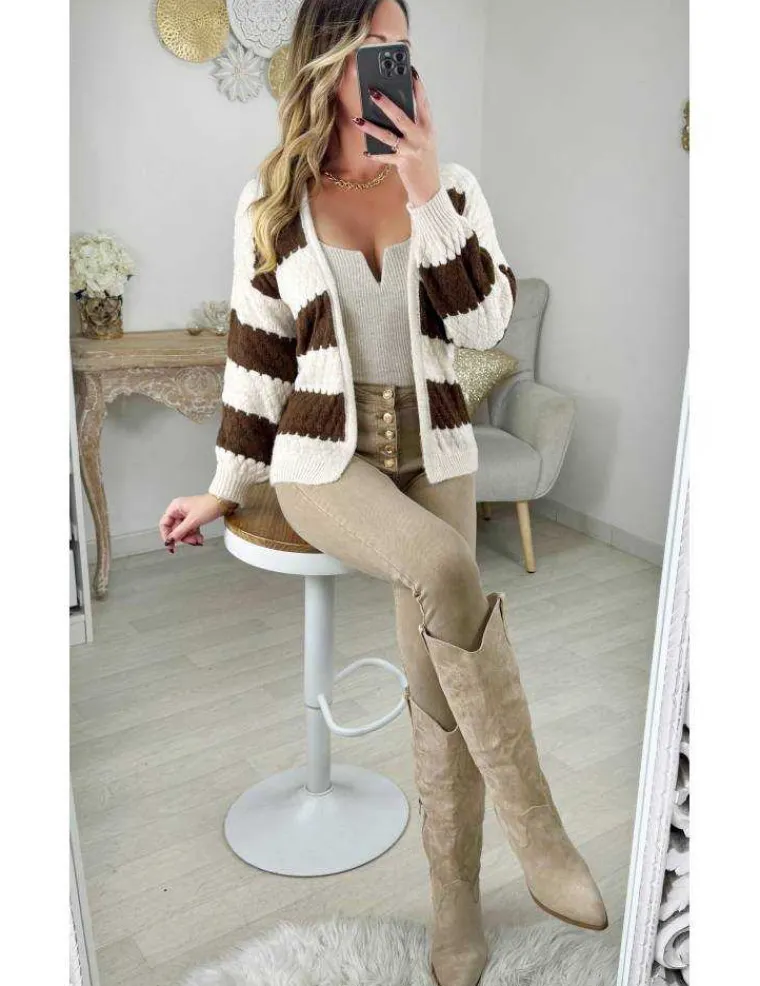 gilet_en_maille_ray_beige_3.webp My Look Féminin Gilet en maille rayé beige & choco Discount