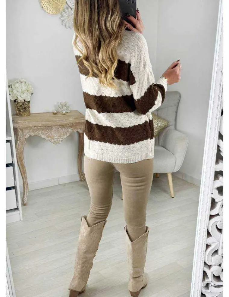 gilet_en_maille_ray_beige_4.webp My Look Féminin Gilet en maille rayé beige & choco Discount