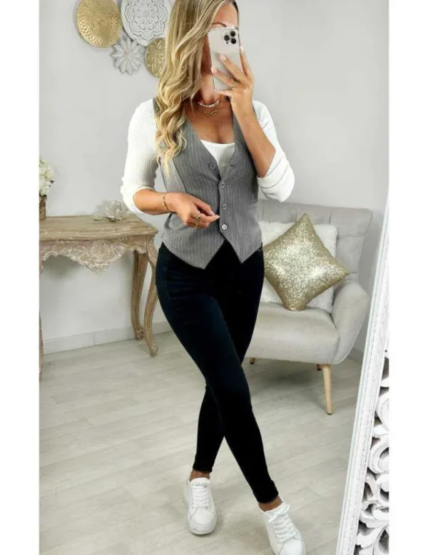 My Look Féminin gilet sans manches gris chiné rayé Best