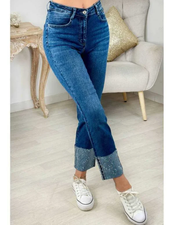 My Look Féminin Jeans bleu basique ourlet strass Clearance