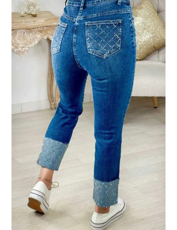 My Look Féminin Jeans bleu basique ourlet strass Clearance