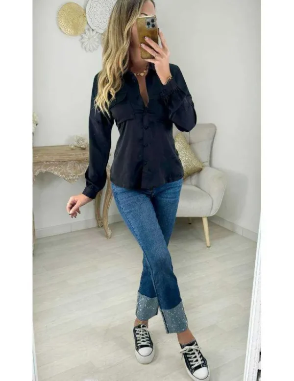 My Look Féminin Jeans bleu basique ourlet strass Clearance