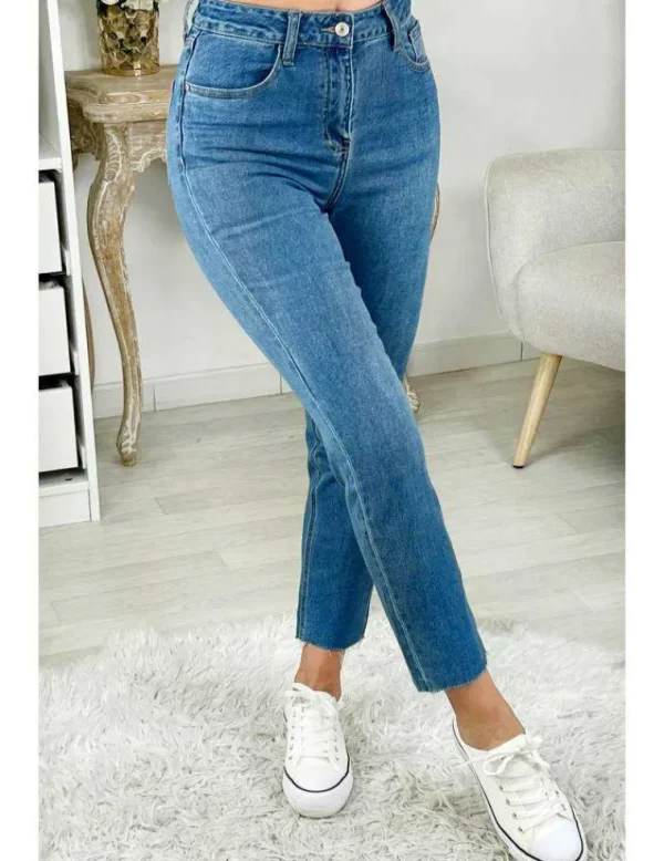 My Look Féminin jeans bleu médium cropped taille haute Outlet
