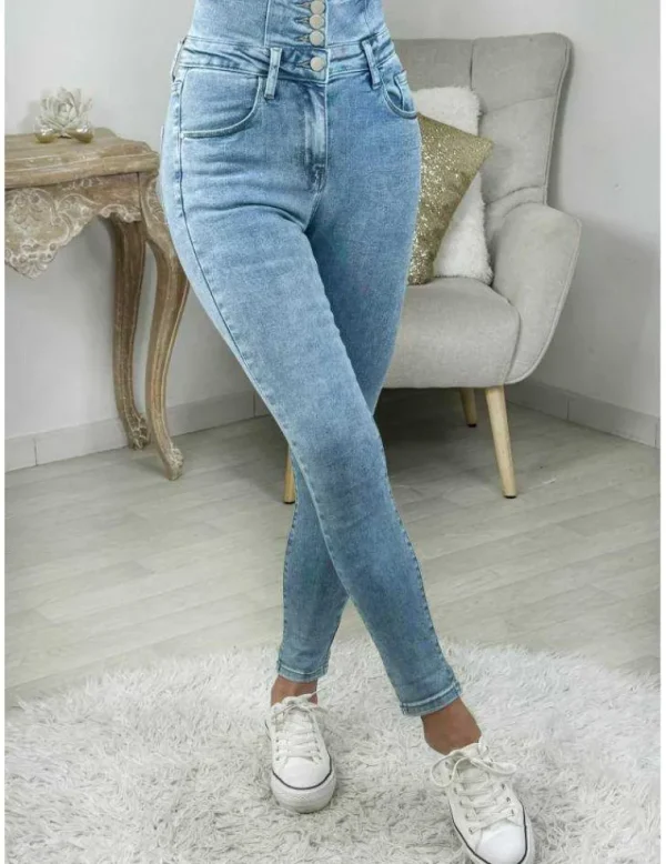 My Look Féminin jeans slim bleu ciel taille haute boutonné Fashion