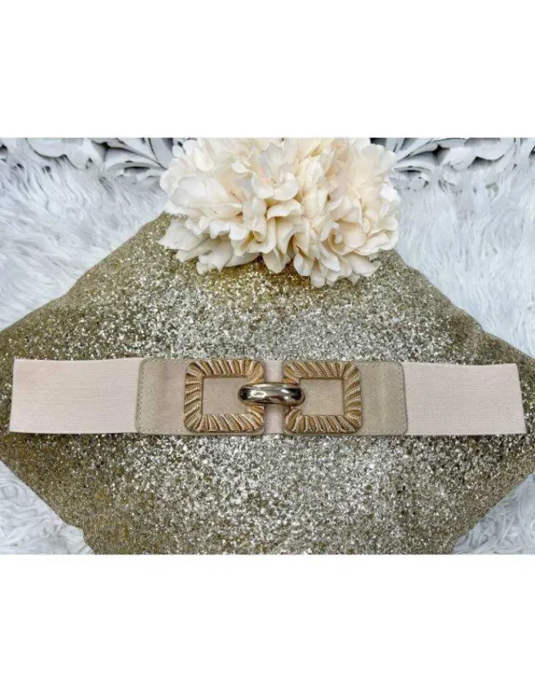 My Look Féminin Jolie ceinture élastique beige "Double boucle Gold" Fashion
