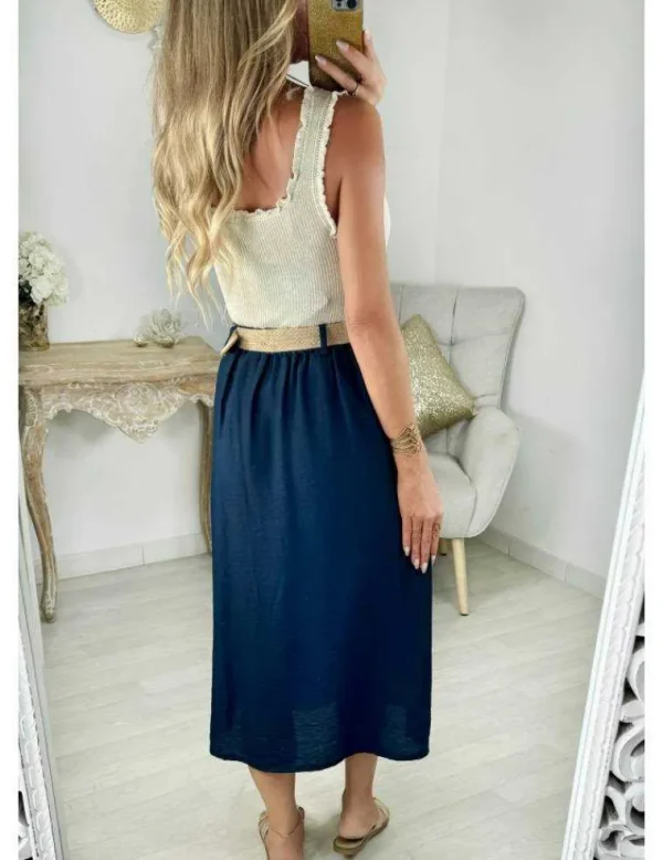 My Look Féminin jupe boutonnée bleu marine & sa ceinture New