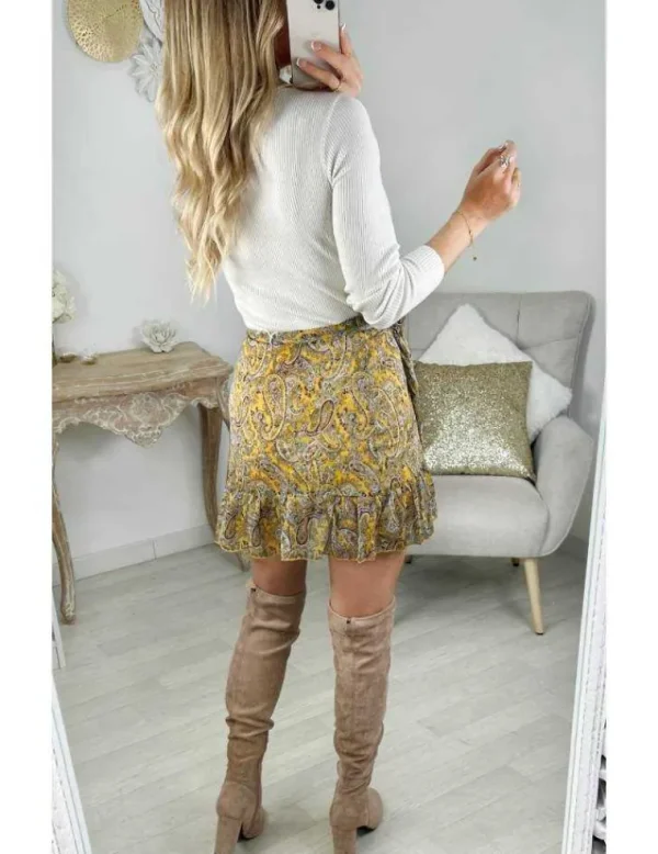 My Look Féminin jupe effet portefeuille moutarde à motifs Outlet