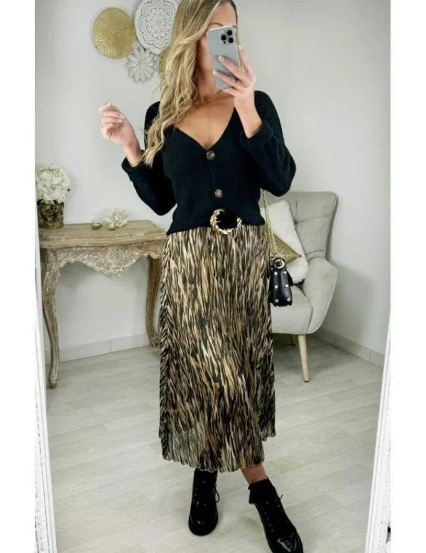 My Look Féminin jupe en voilage plissée motif camel et noir Discount