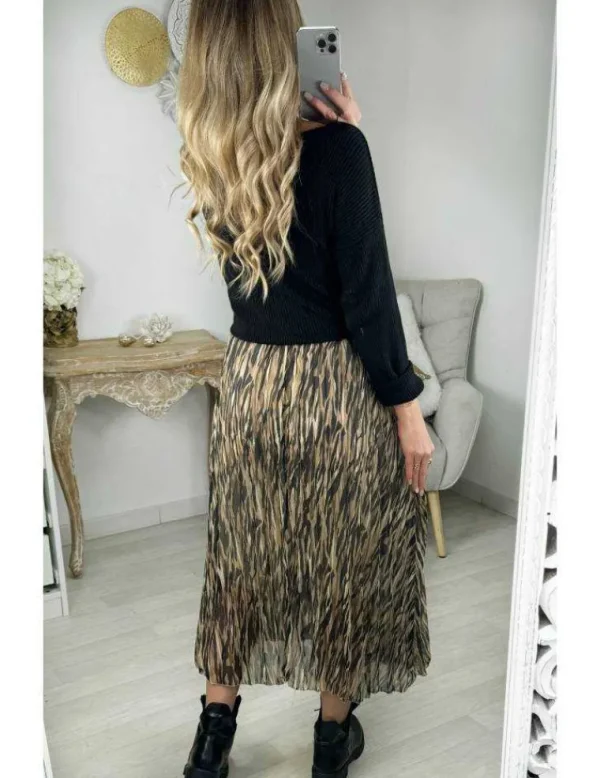 My Look Féminin jupe en voilage plissée motif camel et noir Discount