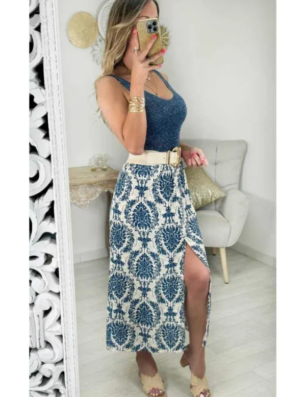 My Look Féminin jupe fluide & fendue motifs bleus Best