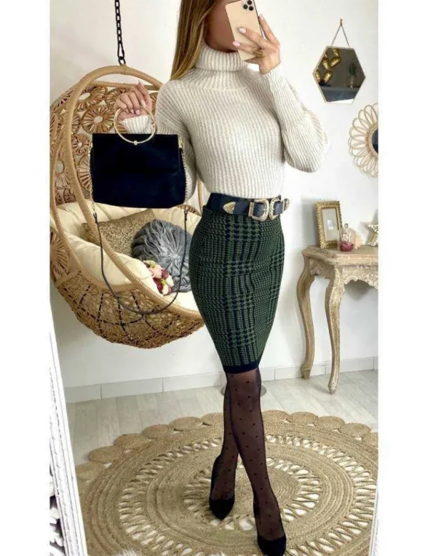 My Look Féminin Jupe kaki crayon "style tweed" Hot
