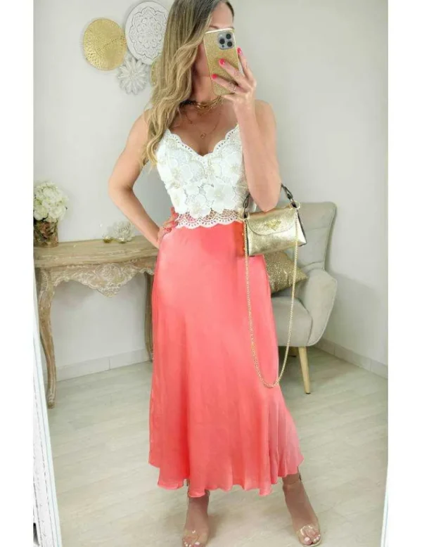 My Look Féminin jupe longue rose corail satinée Fashion