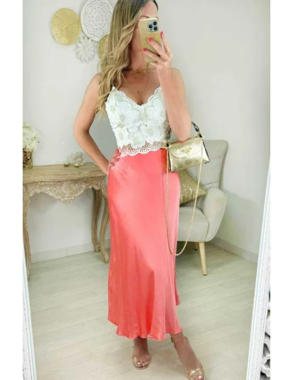 My Look Féminin jupe longue rose corail satinée Fashion