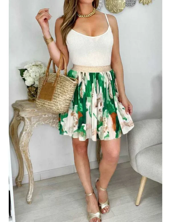 My Look Féminin Jupe plissée en voilage motif vert & beige Outlet