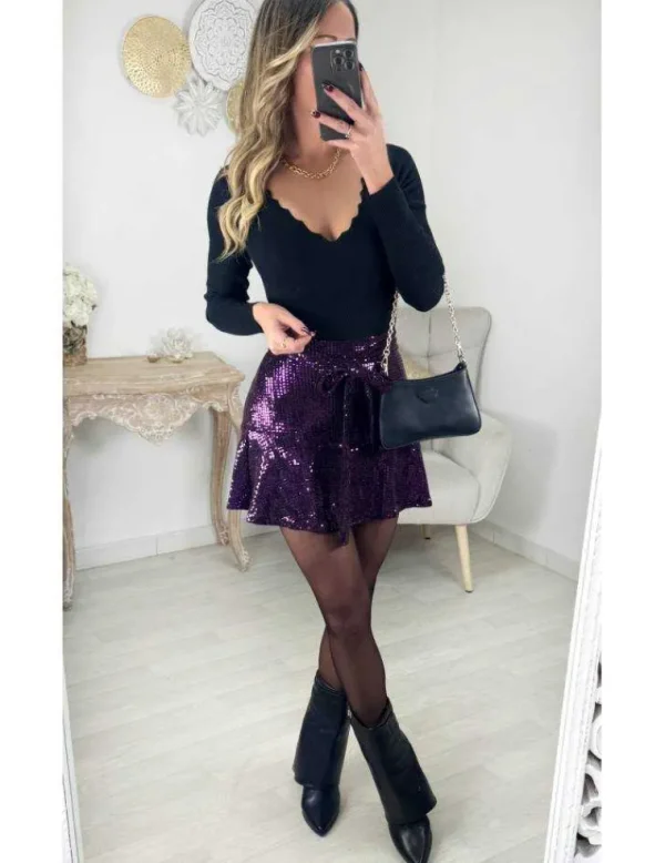My Look Féminin Jupe short purple ceinture & sequins Hot