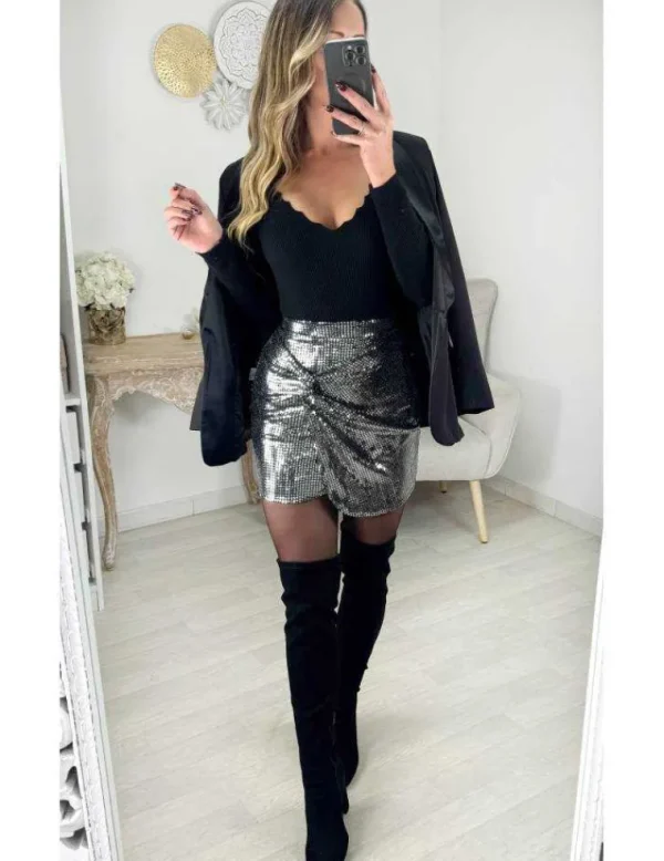 My Look Féminin Jupe silver sequins effet drapée Discount