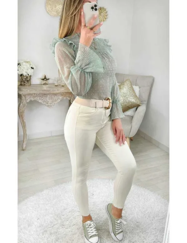 My Look Féminin Ma blouse vert amande "volants & plumetis" Online