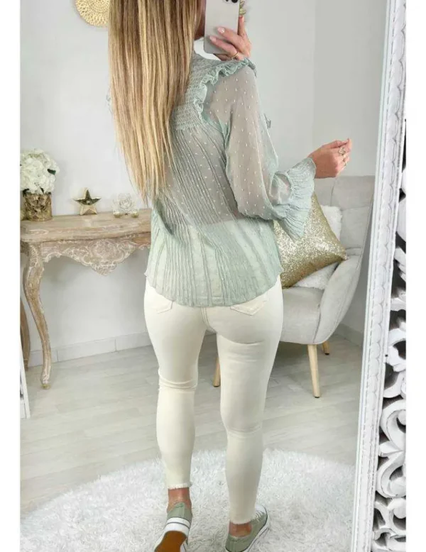 My Look Féminin Ma blouse vert amande "volants & plumetis" Online