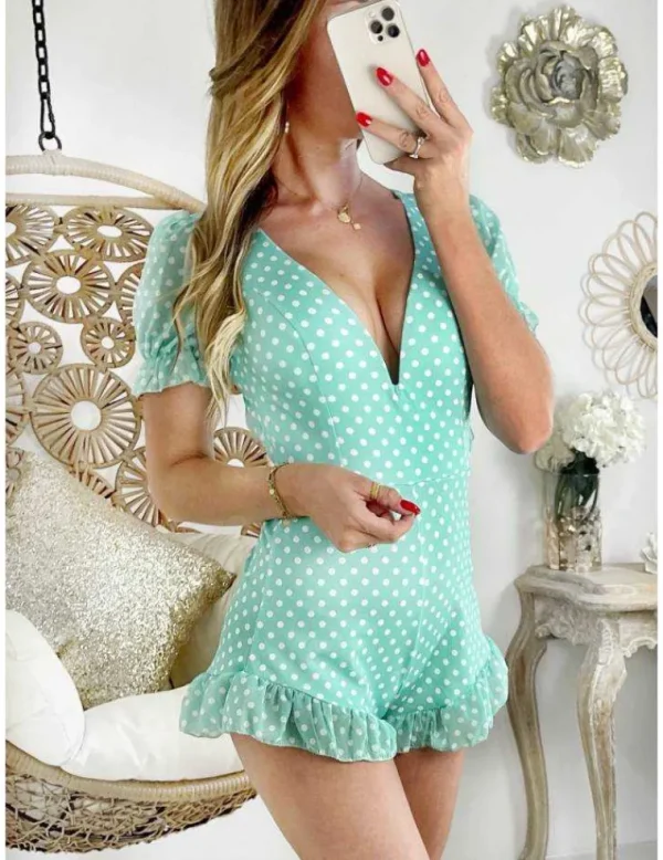 My Look Féminin Ma combi short Green & pois "joli col Vet bas volants" New